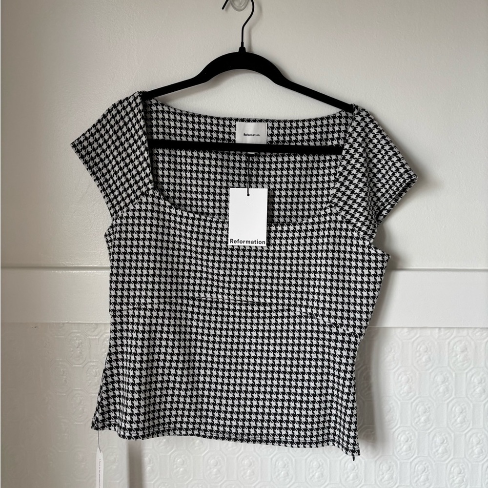 Reformation Black and White Houndstooth Blouse NWT